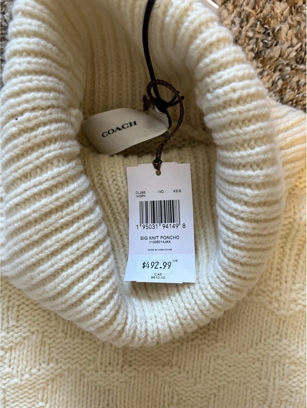 Coach Signature Rare Ivory Wool Blend Poncho Sweater Turtleneck Size XS/S $498